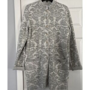 Halston L Gray White Jacquard Soft Comfy Stretch Knit Long Cardigan Sweater Coat